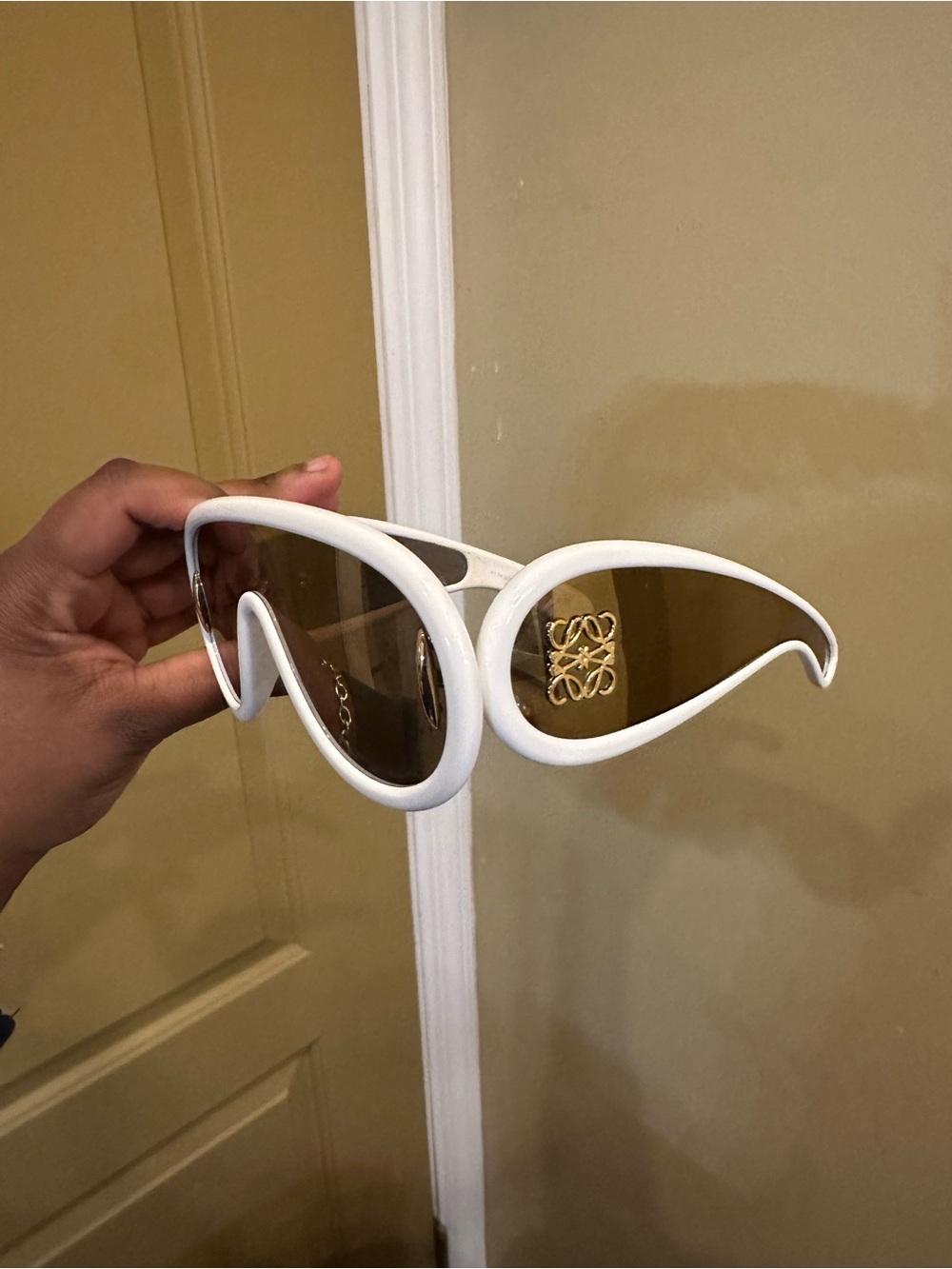 Loewe White Sculptural Sunglasses with Brown Lenses and Gold Logo